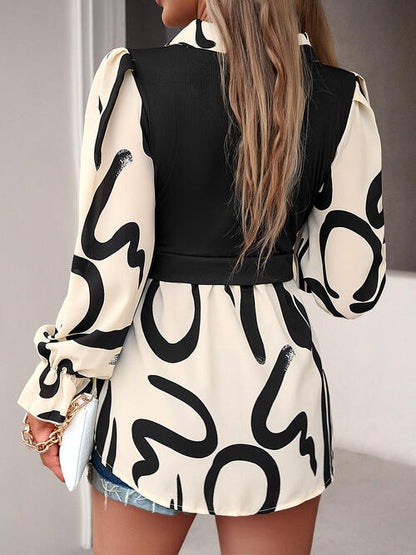 Collared Neck Black And White Color-Contrast Print Long Sleeve Shirt - Astra's Stellar Boutique