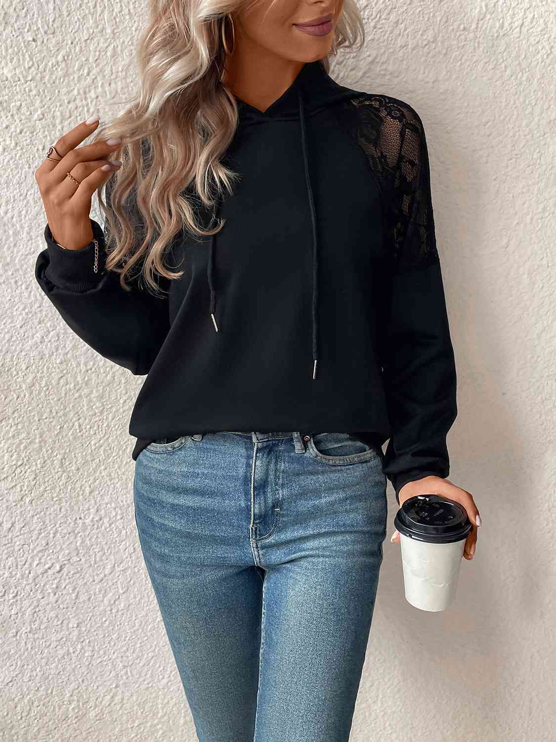 Lace Detail Drawstring Long Sleeve Hoodie - Astra's Stellar Boutique