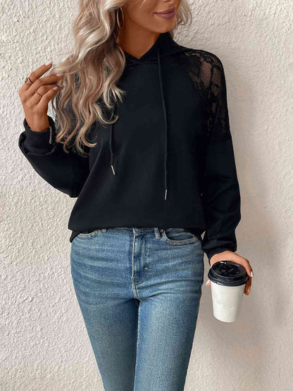 Lace Detail Drawstring Long Sleeve Hoodie - Astra's Stellar Boutique