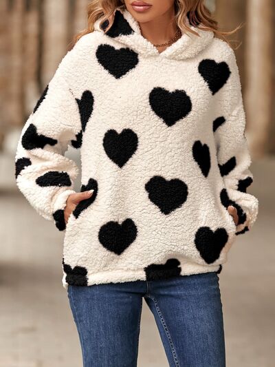 Fuzzy Heart Pocketed Dropped Shoulder Hoodie - Astra's Stellar Boutique
