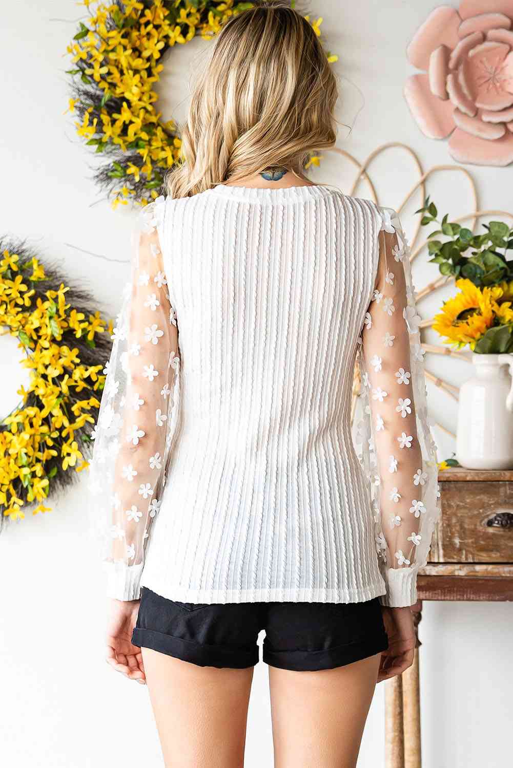 Double Take Textured Applique Long Sleeve Blouse - Astra's Stellar Boutique
