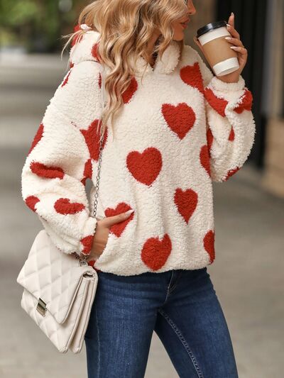 Fuzzy Heart Pocketed Dropped Shoulder Hoodie - Astra's Stellar Boutique
