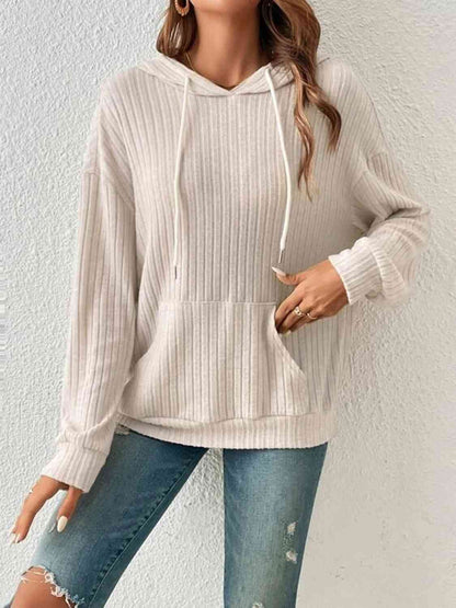 Ribbed Dropped Shoulder Drawstring Hoodie - Astra's Stellar Boutique
