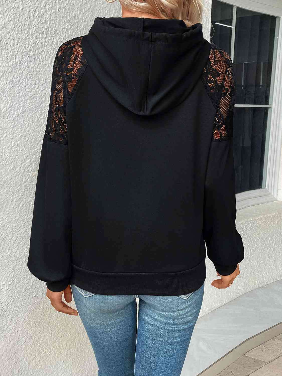 Lace Detail Drawstring Long Sleeve Hoodie - Astra's Stellar Boutique