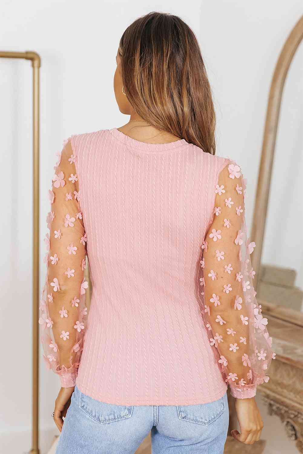 Double Take Textured Applique Long Sleeve Blouse - Astra's Stellar Boutique