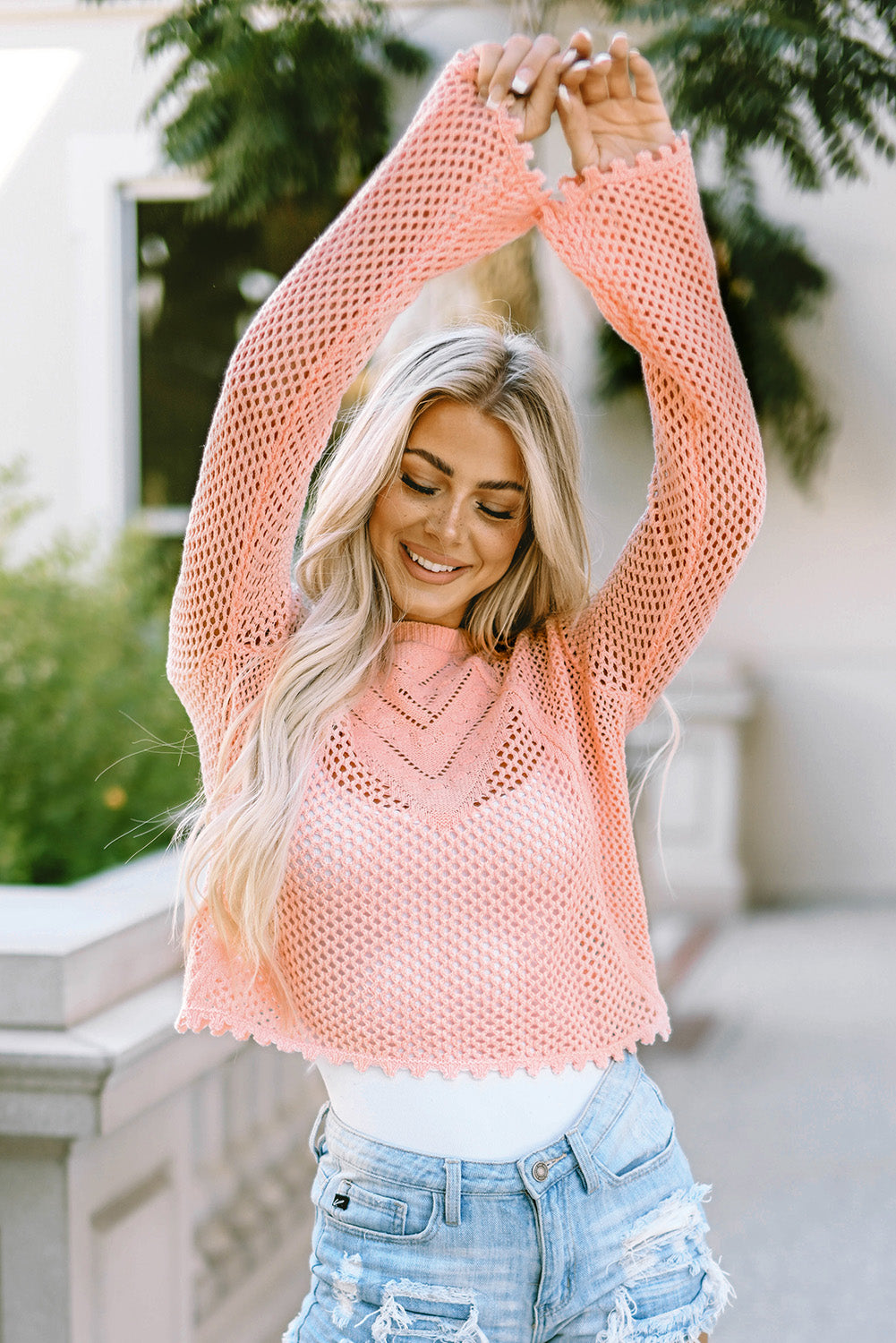 Openwork Round Neck Long Sleeve Knit Top - Astra's Stellar Boutique
