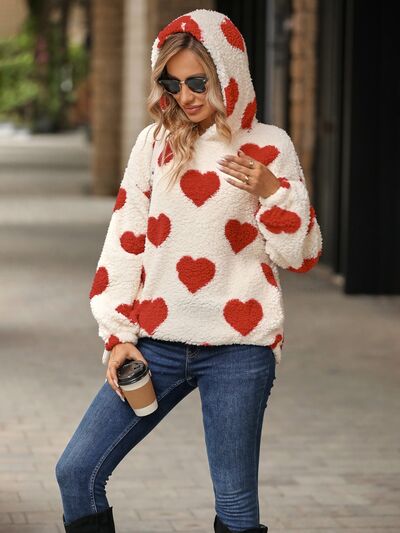 Fuzzy Heart Pocketed Dropped Shoulder Hoodie - Astra's Stellar Boutique