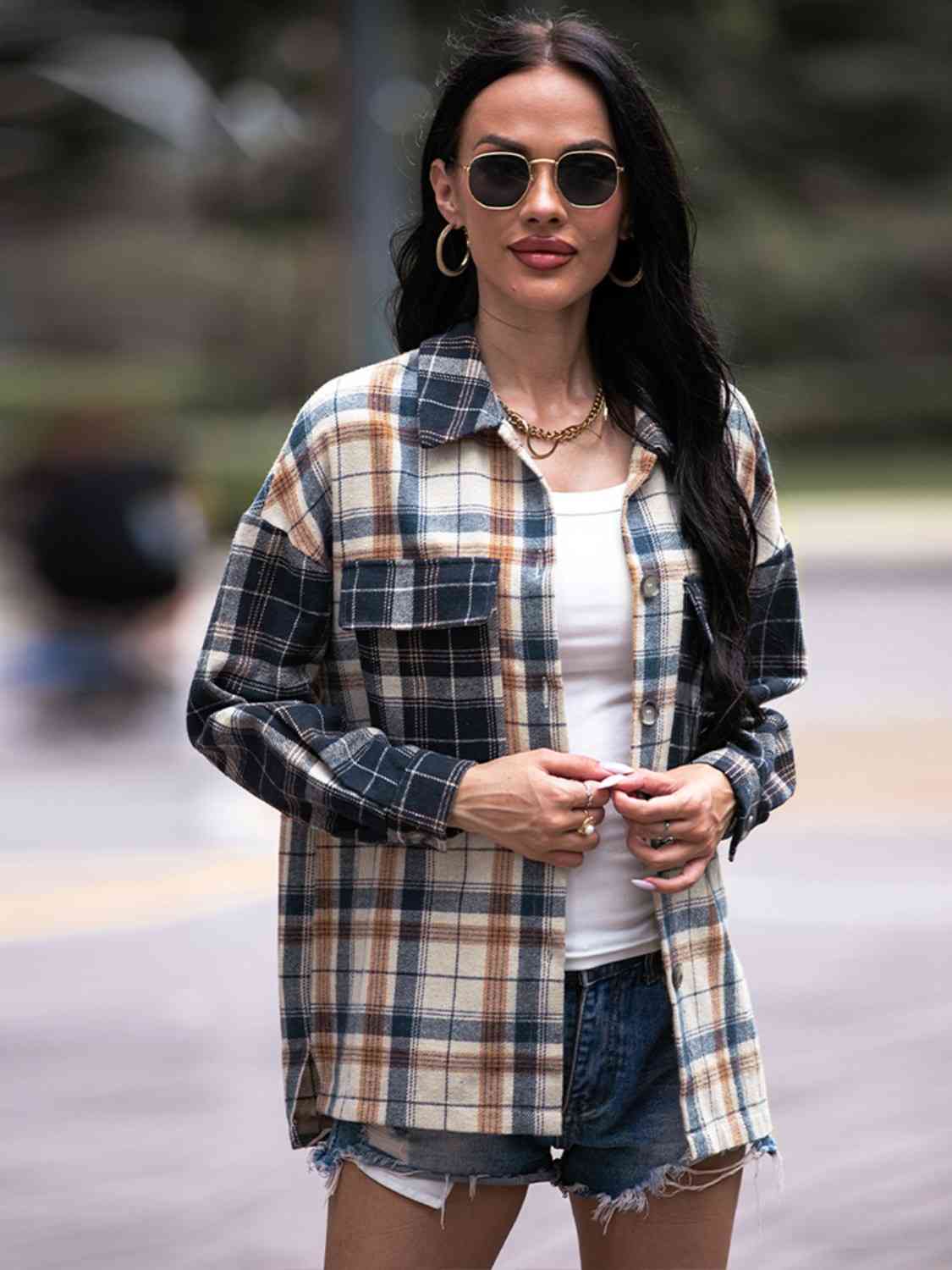 Plaid Dropped Shoulder Shacket - Astra's Stellar Boutique