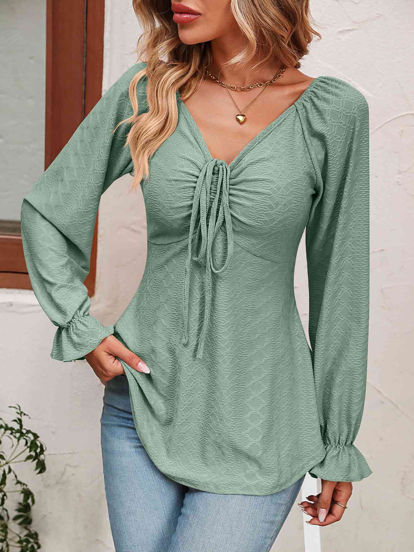 Tie Front V-Neck Puff Sleeve Blouse - Astra's Stellar Boutique