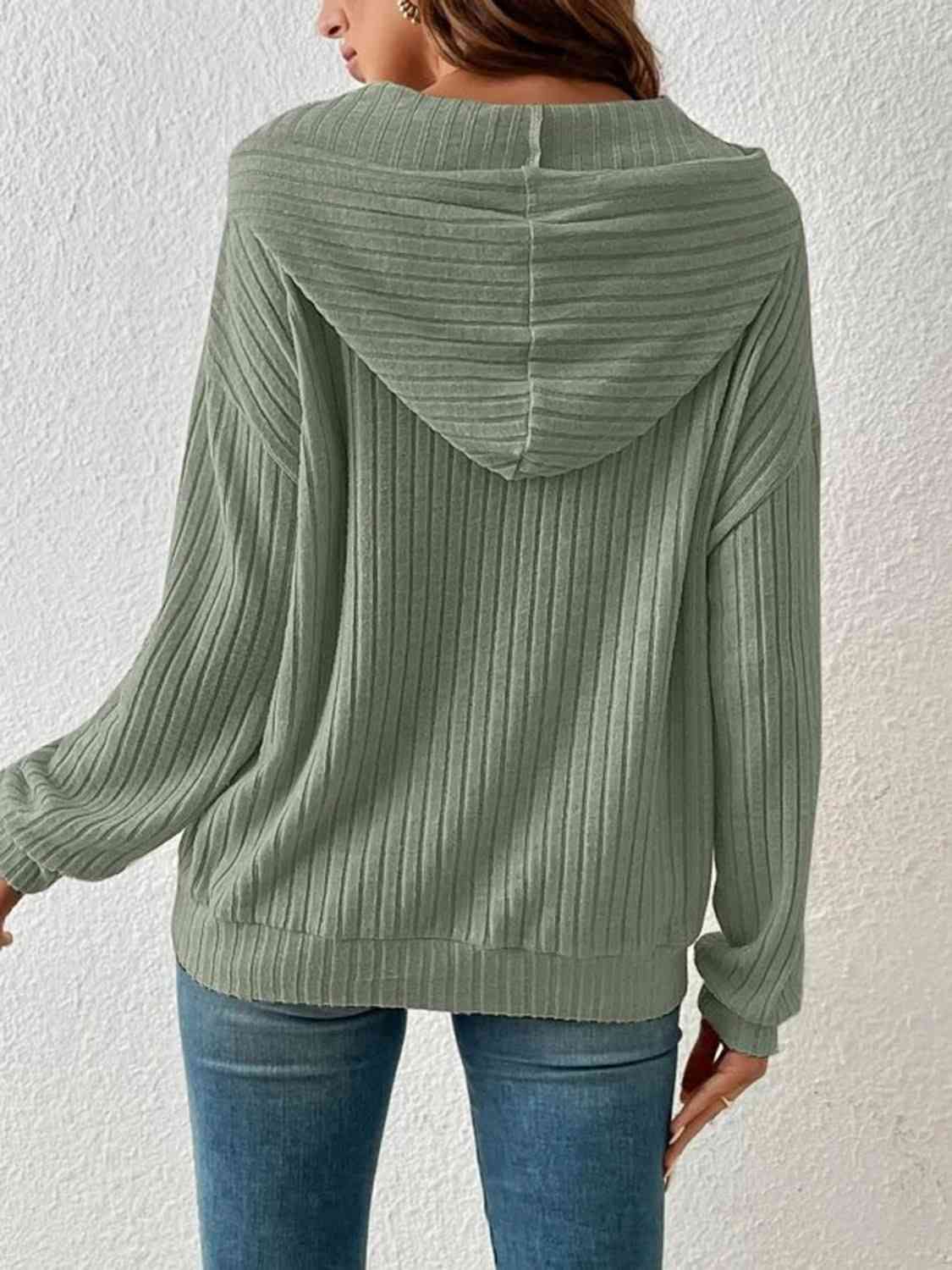 Ribbed Dropped Shoulder Drawstring Hoodie - Astra's Stellar Boutique