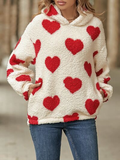 Fuzzy Heart Pocketed Dropped Shoulder Hoodie - Astra's Stellar Boutique
