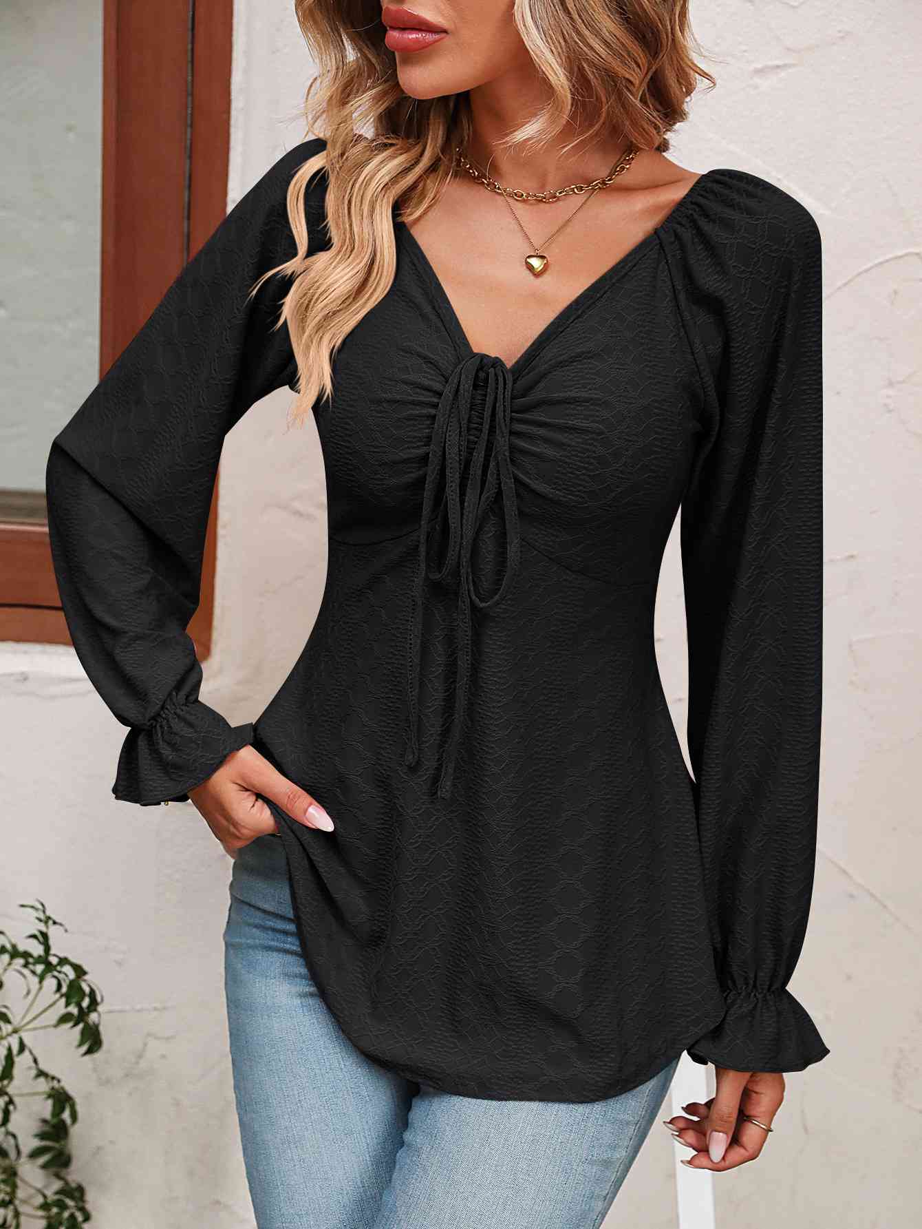 Tie Front V-Neck Puff Sleeve Blouse - Astra's Stellar Boutique