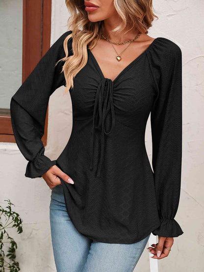 Tie Front V-Neck Puff Sleeve Blouse - Astra's Stellar Boutique