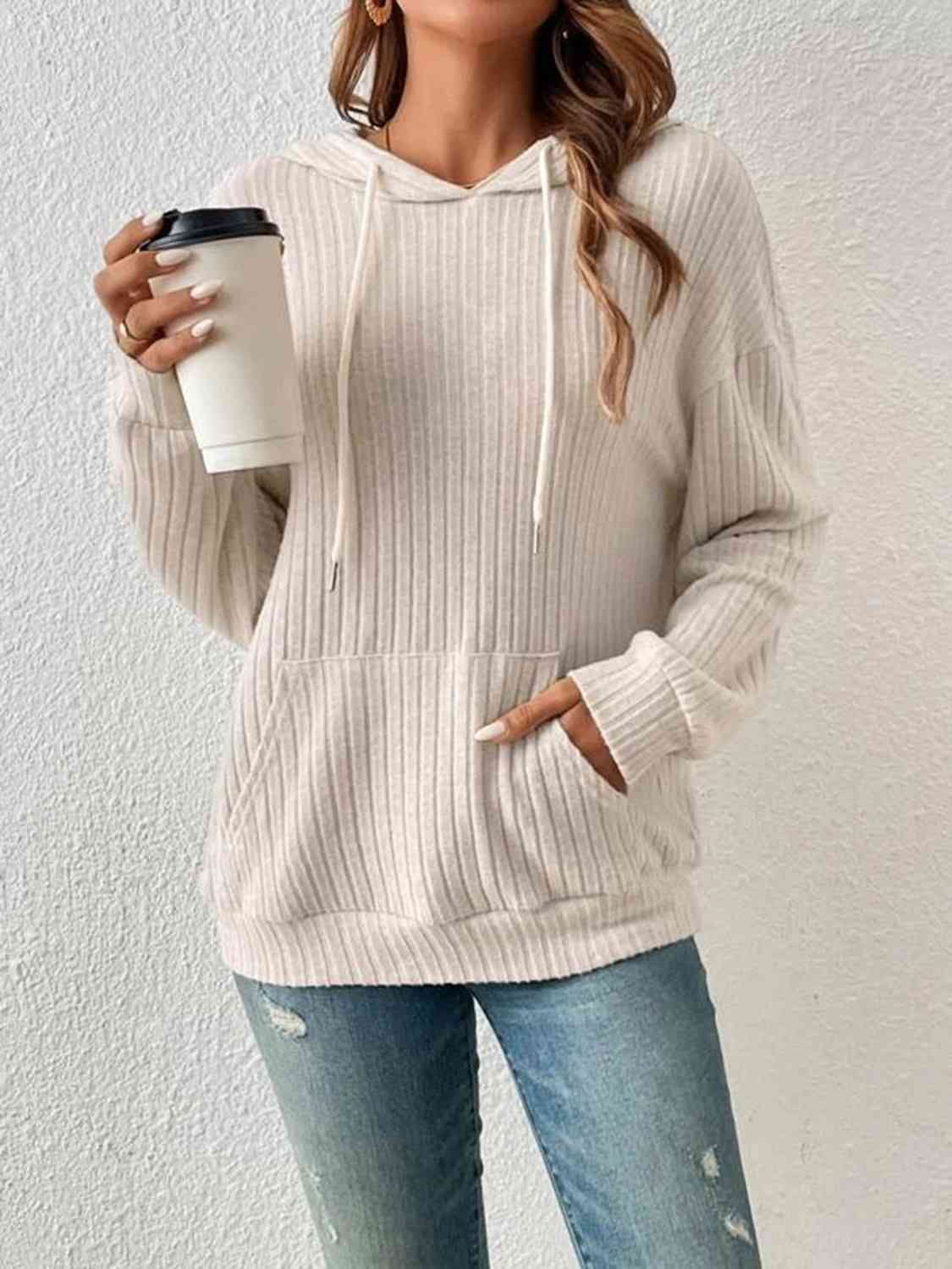 Ribbed Dropped Shoulder Drawstring Hoodie - Astra's Stellar Boutique