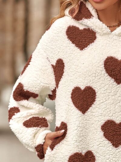Fuzzy Heart Pocketed Dropped Shoulder Hoodie - Astra's Stellar Boutique