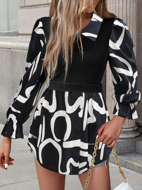 Collared Neck Black And White Color-Contrast Print Long Sleeve Shirt - Astra's Stellar Boutique