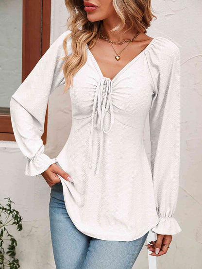 Tie Front V-Neck Puff Sleeve Blouse - Astra's Stellar Boutique