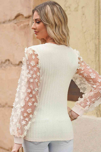 Double Take Textured Applique Long Sleeve Blouse - Astra's Stellar Boutique