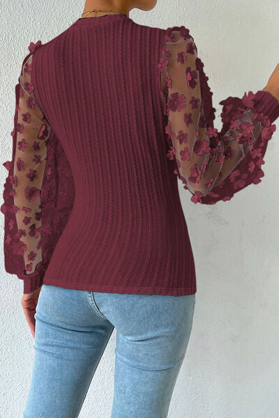 Double Take Textured Applique Long Sleeve Blouse - Astra's Stellar Boutique