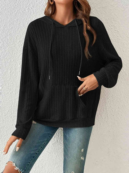 Ribbed Dropped Shoulder Drawstring Hoodie - Astra's Stellar Boutique