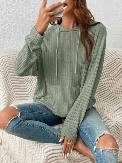 Ribbed Dropped Shoulder Drawstring Hoodie - Astra's Stellar Boutique
