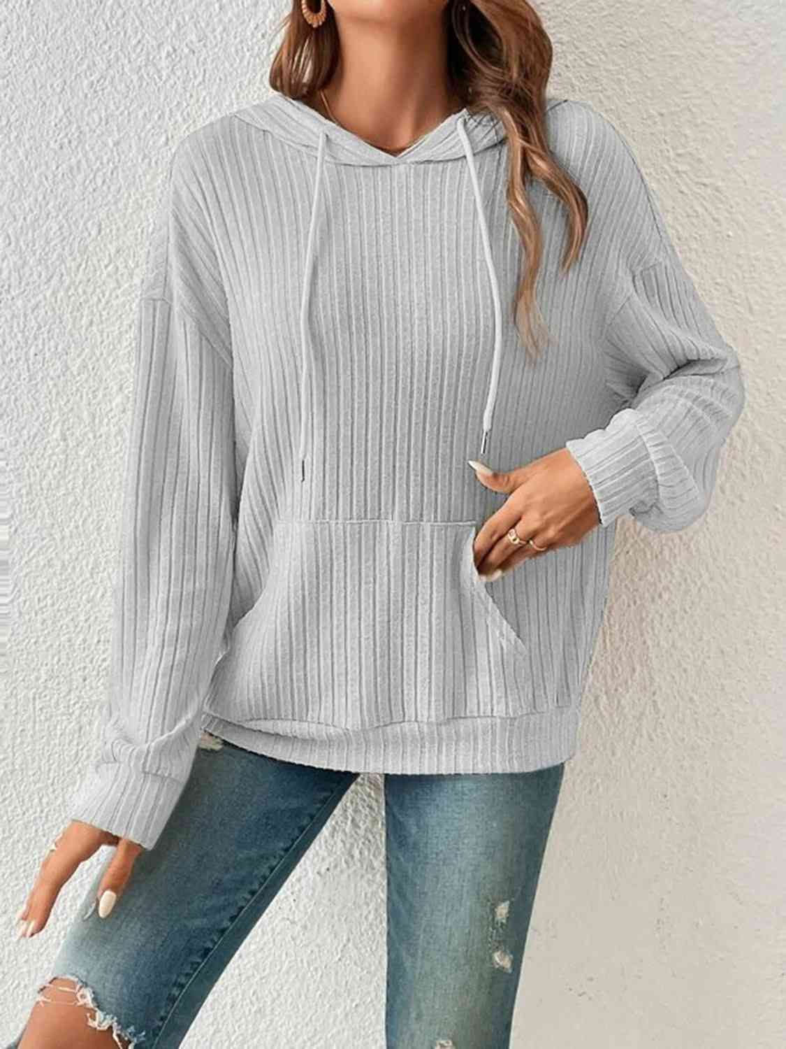 Ribbed Dropped Shoulder Drawstring Hoodie - Astra's Stellar Boutique