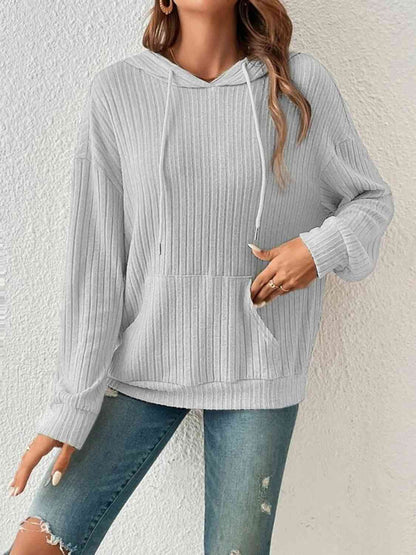 Ribbed Dropped Shoulder Drawstring Hoodie - Astra's Stellar Boutique